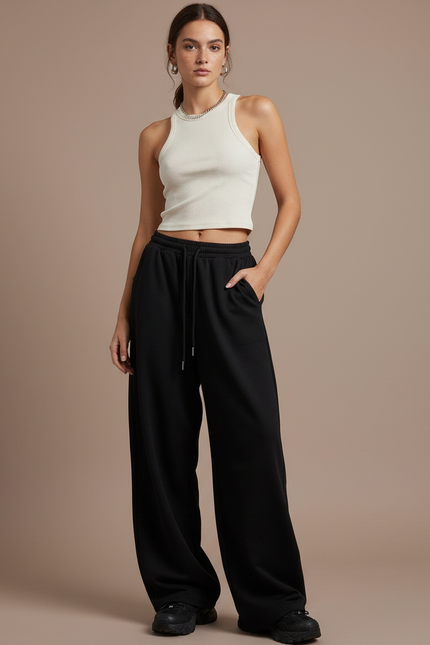 Pantalon Fluide Noir Ample Décontracté Oversize Sport Femme - Molleton