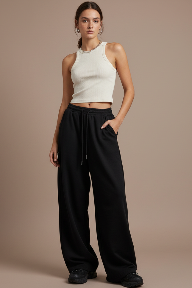 Pantalon Fluide Noir Ample Décontracté Oversize Sport Femme - Molleton