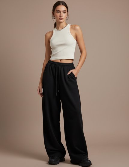 Pantalon Fluide Noir Ample Décontracté Oversize Sport Femme - Molleton