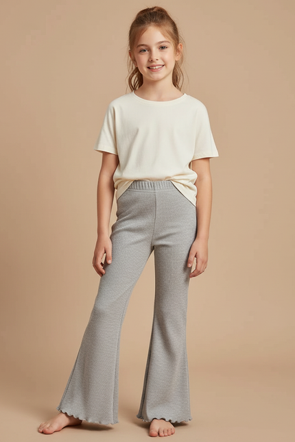 Pantalon Fluide Gris Côtelé Évasé Fille Confortable - Maille