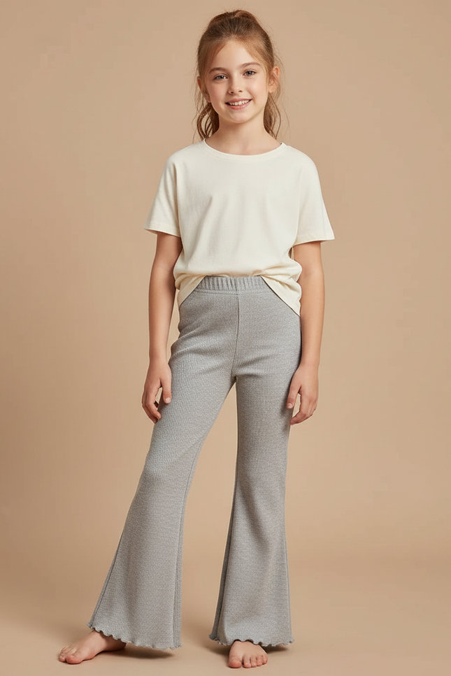 Pantalon Fluide Gris Côtelé Évasé Fille Confortable - Maille