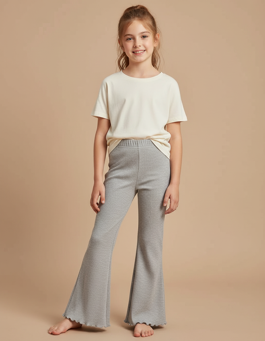 Pantalon Fluide Gris Côtelé Évasé Fille Confortable - Maille