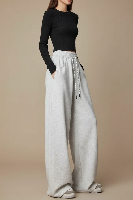 Pantalon Fluide Gris Ample Décontracté Cordon Femme - Molleton