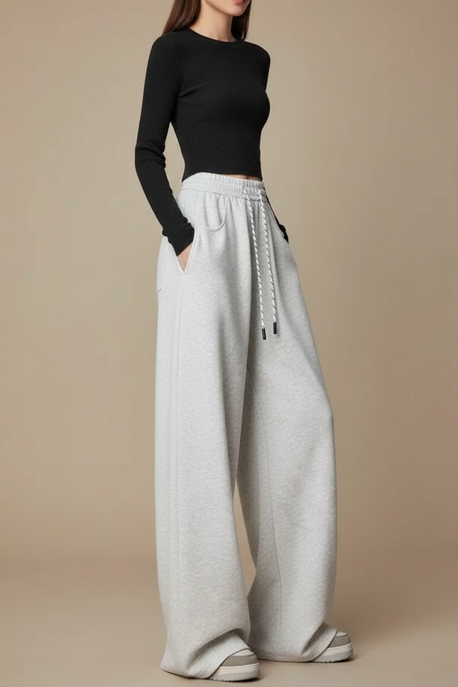 Pantalon Fluide Gris Ample Décontracté Cordon Femme - Molleton