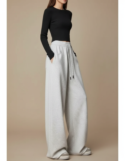 Pantalon Fluide Gris Ample Décontracté Cordon Femme - Molleton