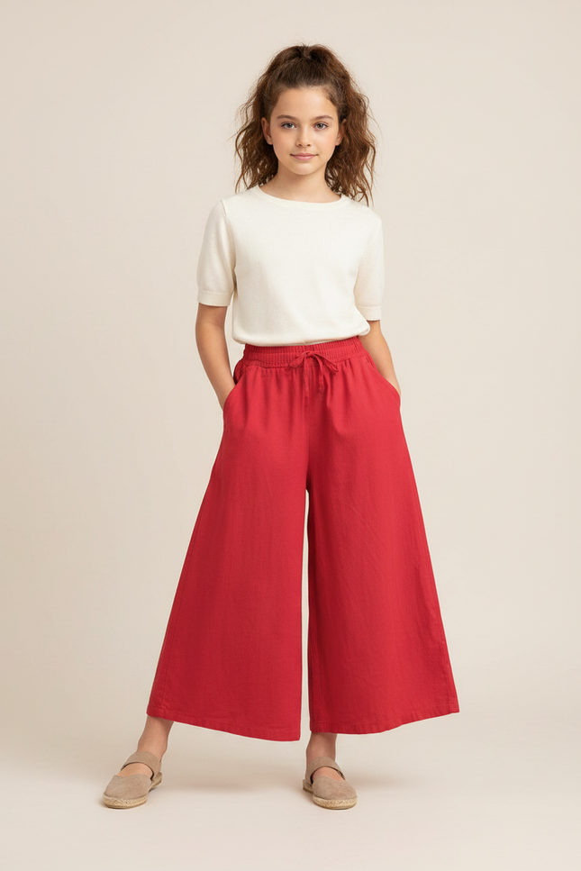 Pantalon Fluide Rouge Large Lin Fille Décontracté