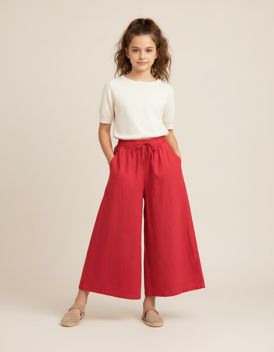 Pantalon Fluide Rouge Large Lin Fille Décontracté