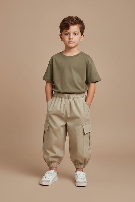 Pantalon Fluide Cargo Beige Uni Enfant Décontracté - Toile