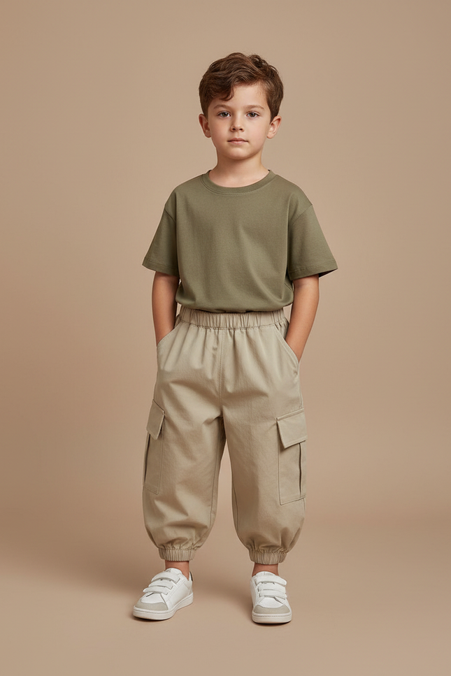 Pantalon Fluide Cargo Beige Uni Enfant Décontracté - Toile