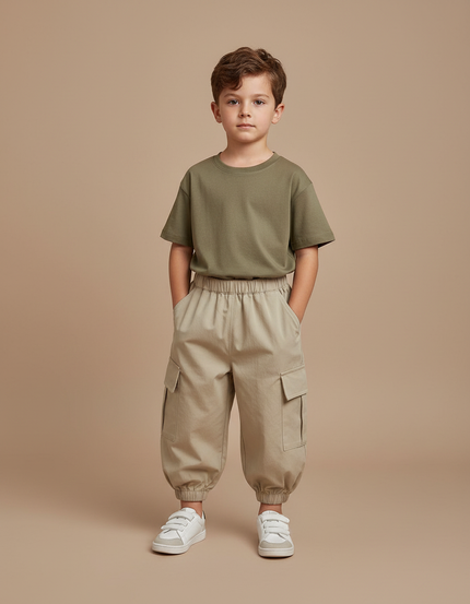 Pantalon Fluide Cargo Beige Uni Enfant Décontracté - Toile