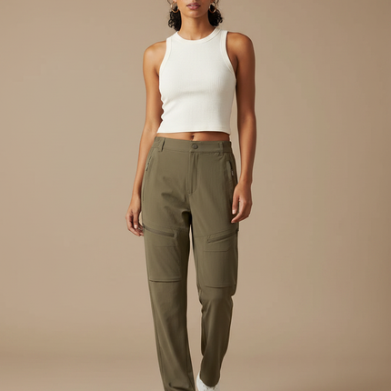 Pantalon Fluide Cargo Kaki Femme Léger Sportif - Polyester