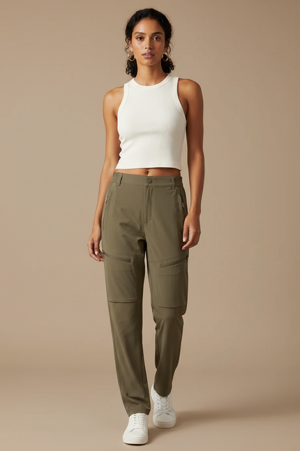 Pantalon Fluide Cargo Kaki Femme Léger Sportif - Polyester