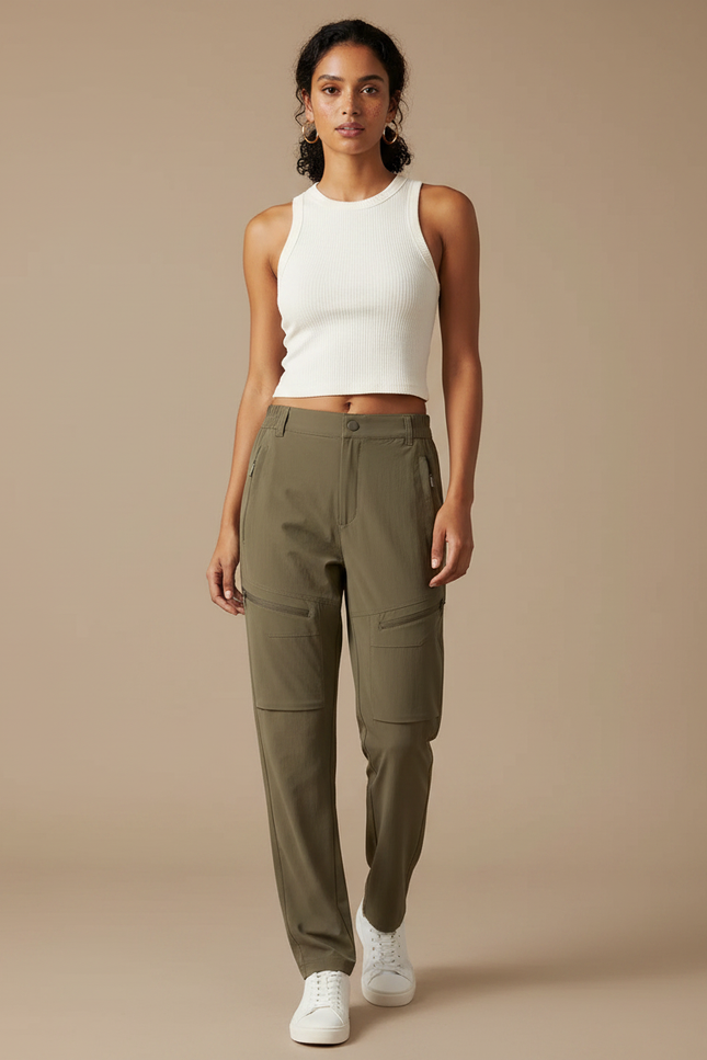 Pantalon Fluide Cargo Kaki Femme Léger Sportif - Polyester