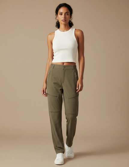 Pantalon Fluide Cargo Kaki Femme Léger Sportif - Polyester
