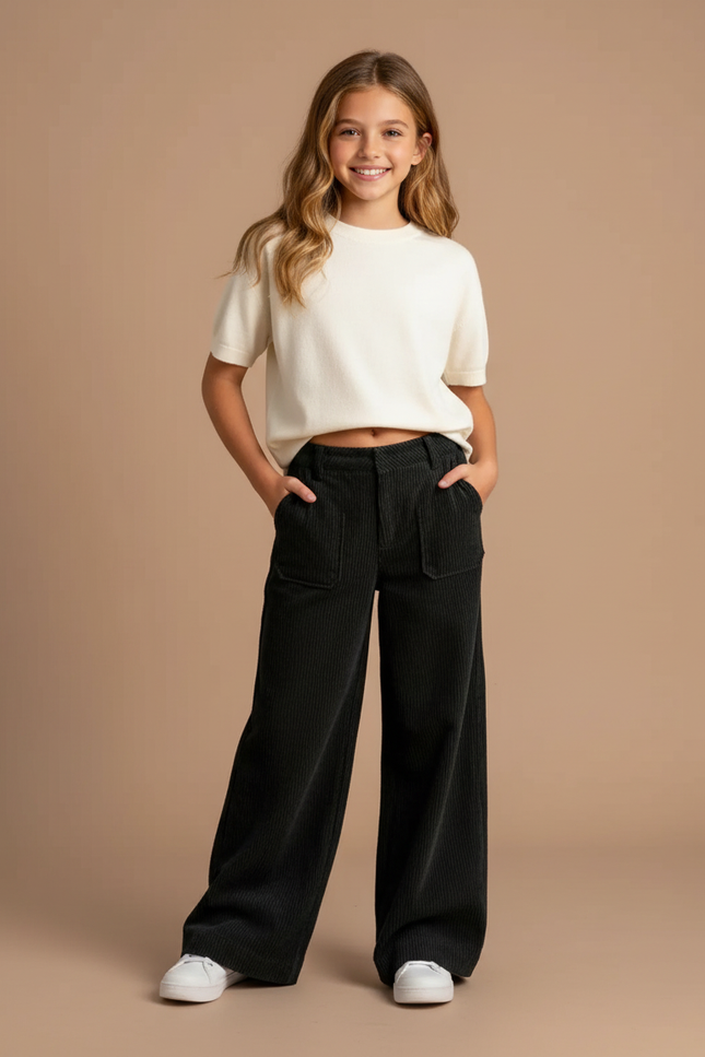 Pantalon Fluide Noir Côtelé Ample Décontracté Poches - Cordé