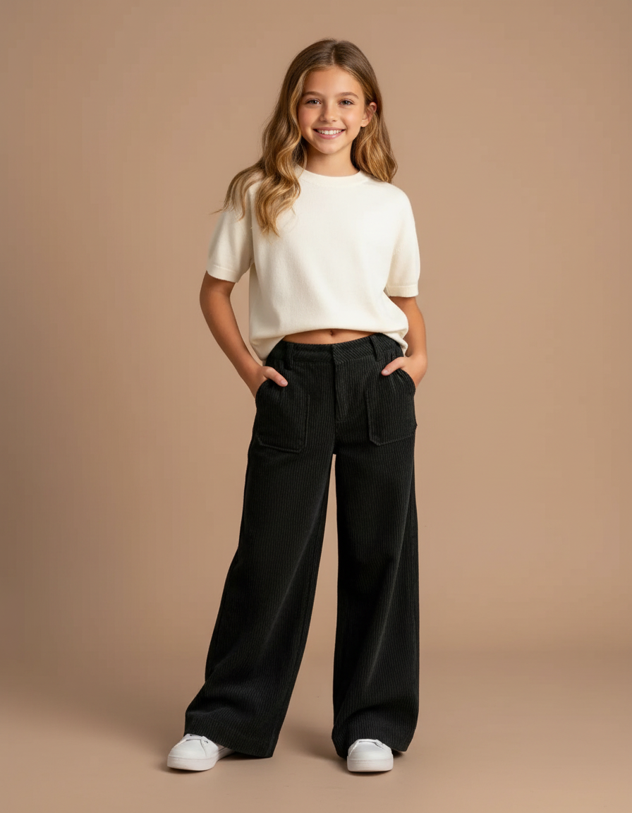 Pantalon Fluide Noir Côtelé Ample Décontracté Poches - Cordé