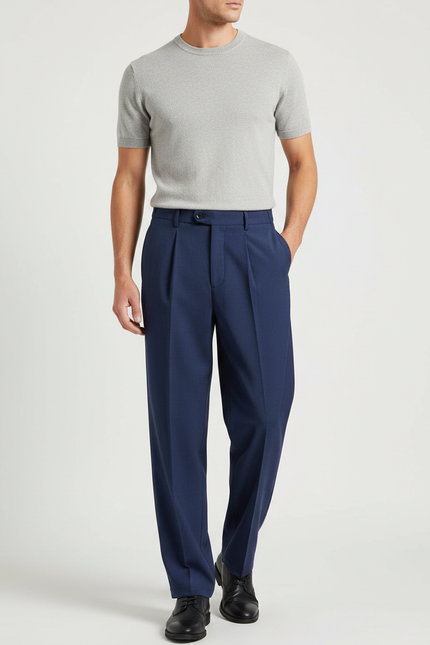 Pantalon Fluide Bleu Marine Plissé Droit Homme Élégant - Gabardine