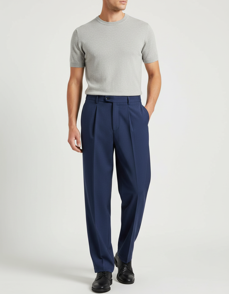 Pantalon Fluide Bleu Marine Plissé Droit Homme Élégant - Gabardine