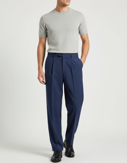 Pantalon Fluide Bleu Marine Plissé Droit Homme Élégant - Gabardine