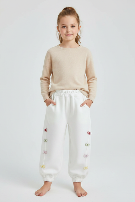 Pantalon Fluide Blanc Ample Papillons Colorés Fille - Molleton