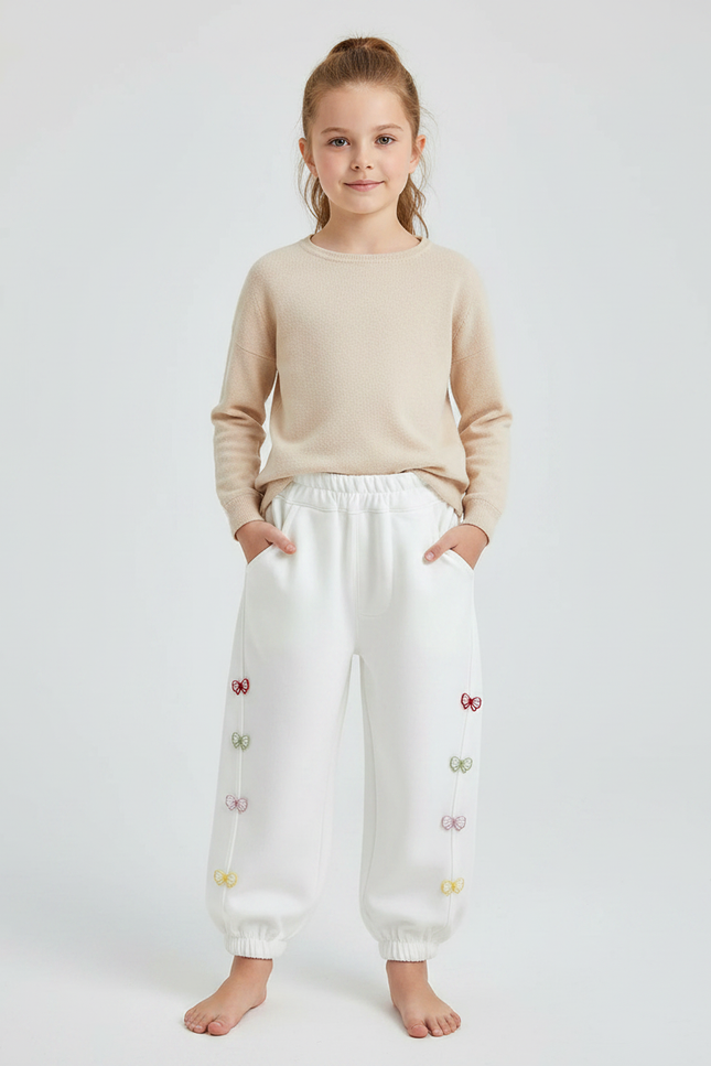 Pantalon Fluide Blanc Ample Papillons Colorés Fille - Molleton