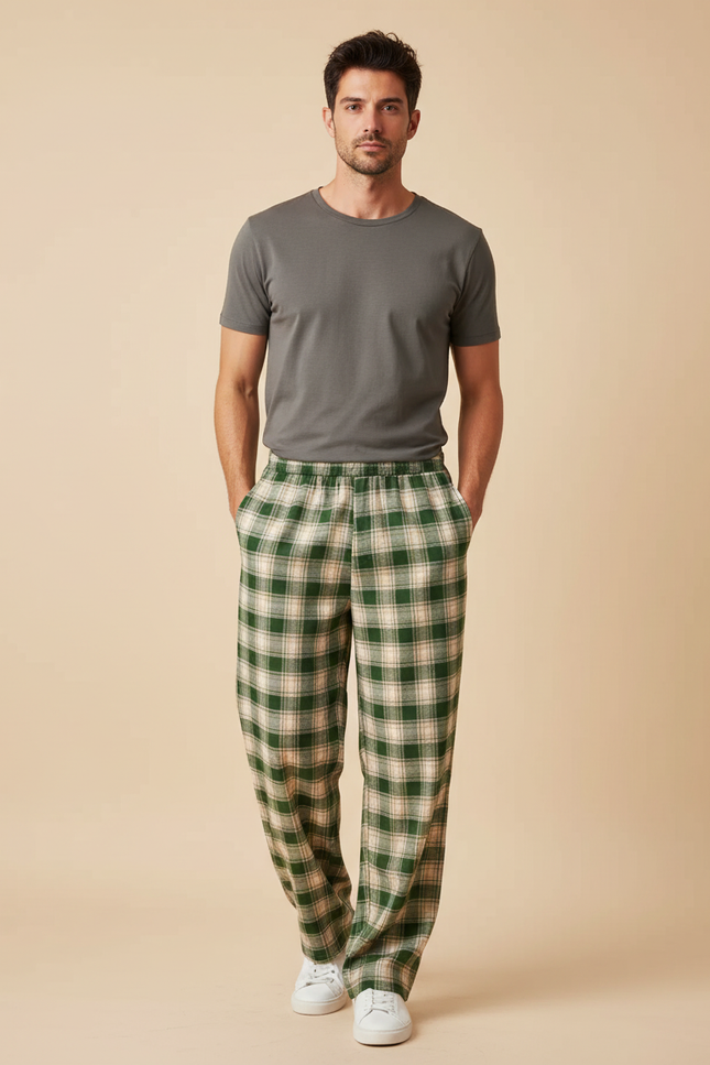 Pantalon Fluide Carreaux Vert Ample Décontracté Homme - Molleton