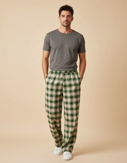 Pantalon Fluide Carreaux Vert Ample Décontracté Homme - Molleton