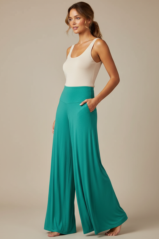 Pantalon Fluide Vert Émeraude Ample Taille Haute Décontracté - Viscose