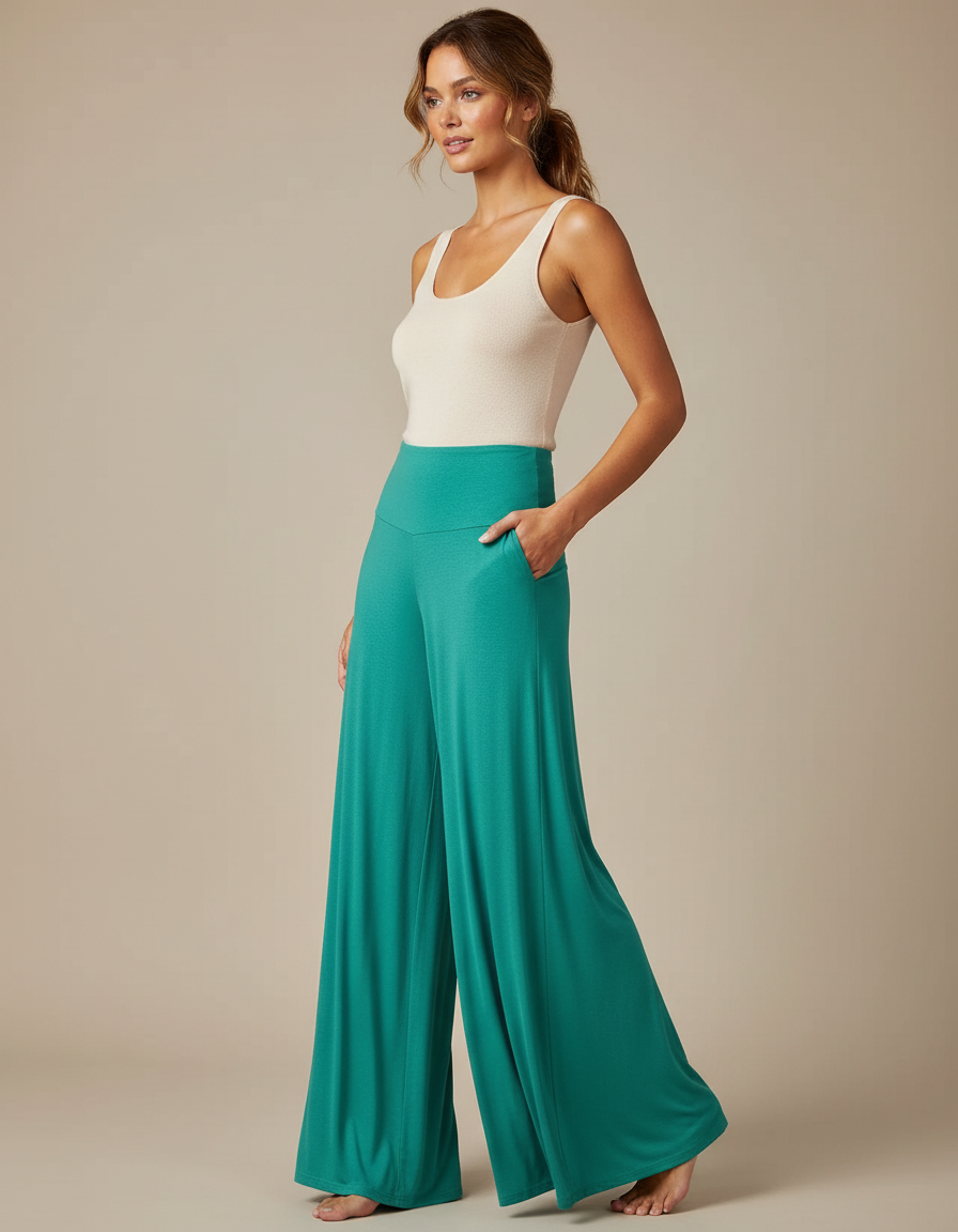 Pantalon Fluide Vert Émeraude Ample Taille Haute Décontracté - Viscose
