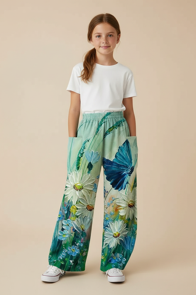 Pantalon Fluide Imprimé Floral Papillon Vert Ample - Viscose