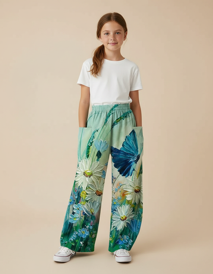 Pantalon Fluide Imprimé Floral Papillon Vert Ample - Viscose