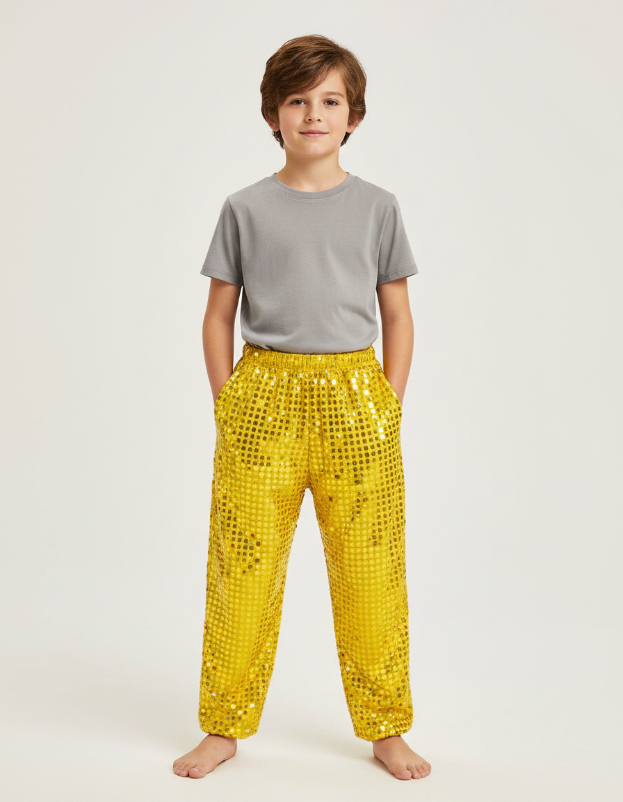 Pantalon Fluide Jaune Paillettes Brillantes Ample Scène Enfant - Polyester