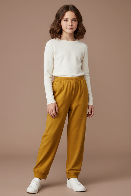 Pantalon Fluide Ocre Ample Molletonné Confortable Enfant - Jaune
