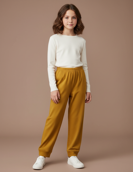 Pantalon Fluide Ocre Ample Molletonné Confortable Enfant - Jaune