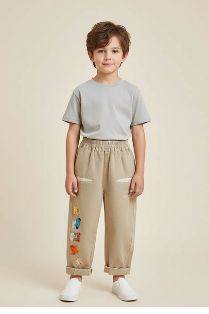 Pantalon Fluide Beige Brodé Animaux Ample Coton Garçon