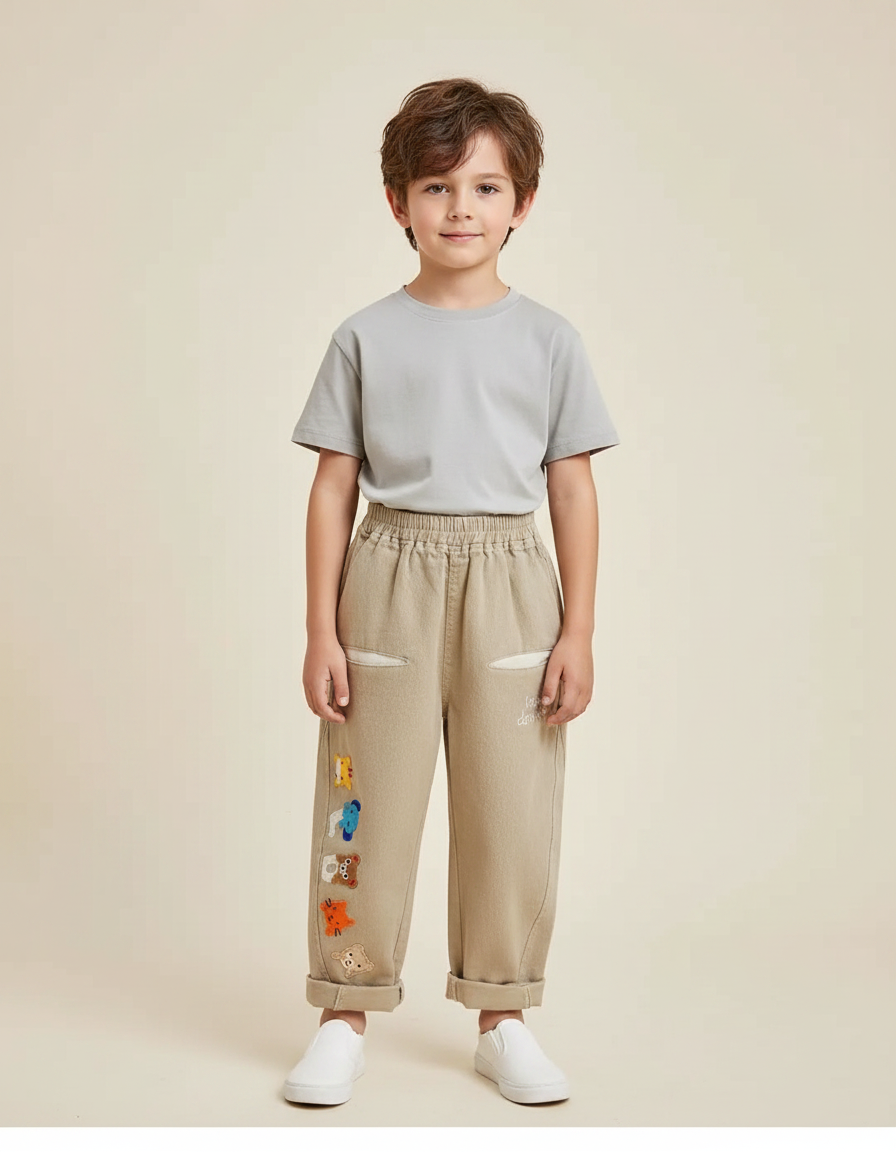 Pantalon Fluide Beige Brodé Animaux Ample Coton Garçon