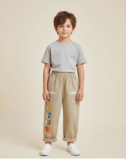 Pantalon Fluide Beige Brodé Animaux Ample Coton Garçon
