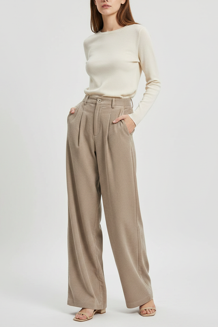 Pantalon Fluide Beige Côtelé Ample Décontracté Femme - Cordé