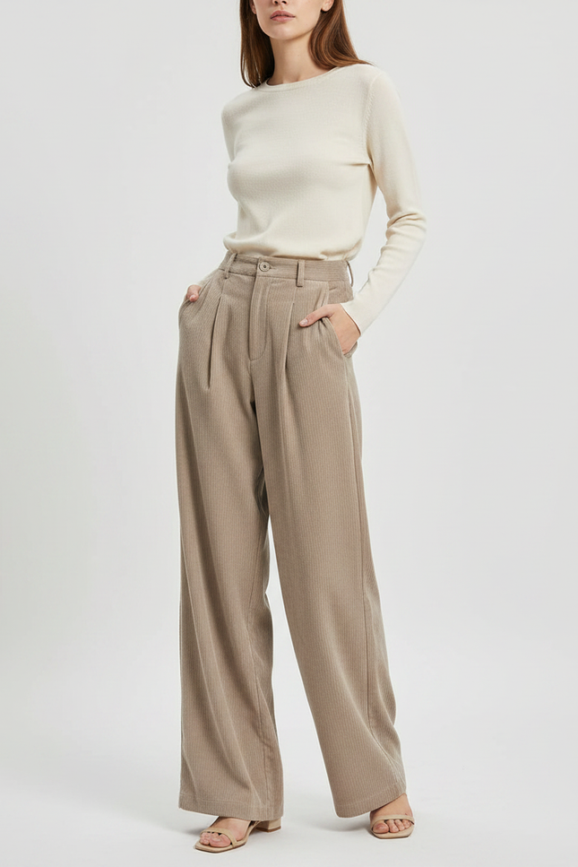 Pantalon Fluide Beige Côtelé Ample Décontracté Femme - Cordé
