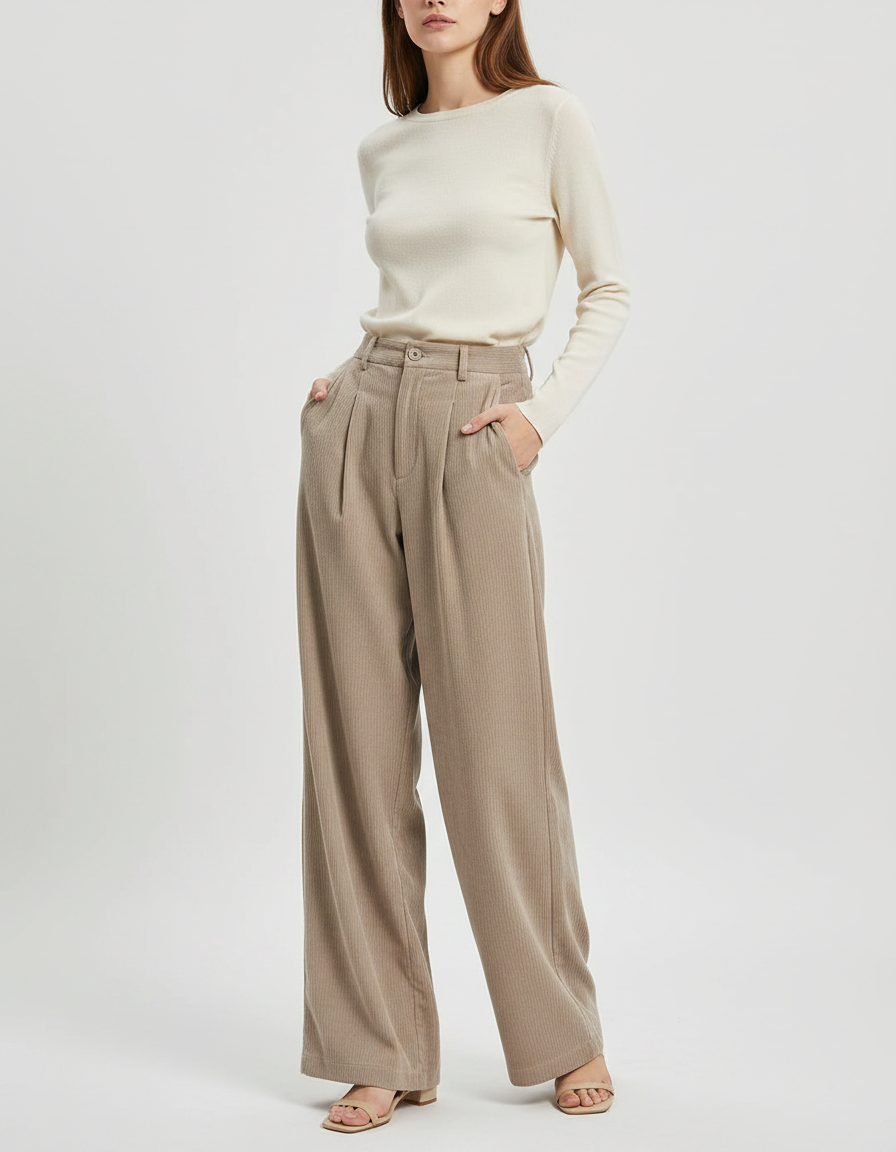 Pantalon Fluide Beige Côtelé Ample Décontracté Femme - Cordé