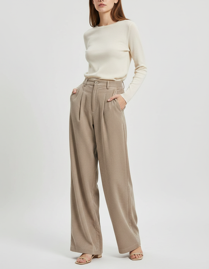 Pantalon Fluide Beige Côtelé Ample Décontracté Femme - Cordé