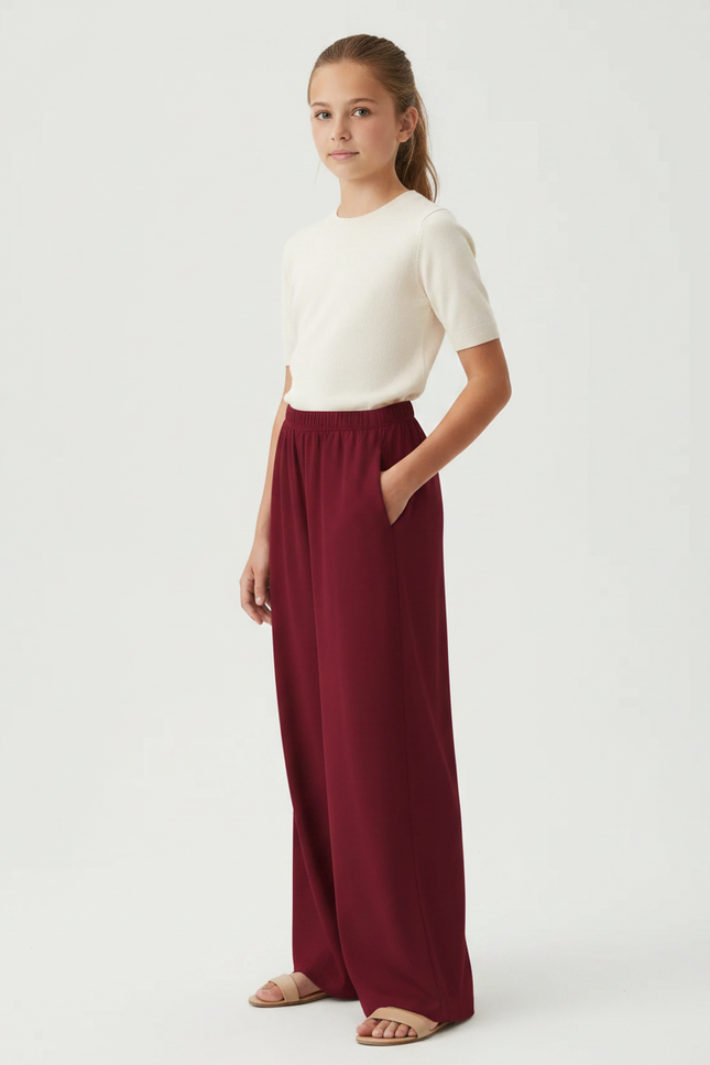 Pantalon Fluide Bordeaux Ample Taille Élastique Fille - Viscose