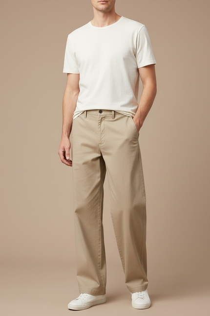 Pantalon Fluide Beige Large Confortable Décontracté Coton Homme