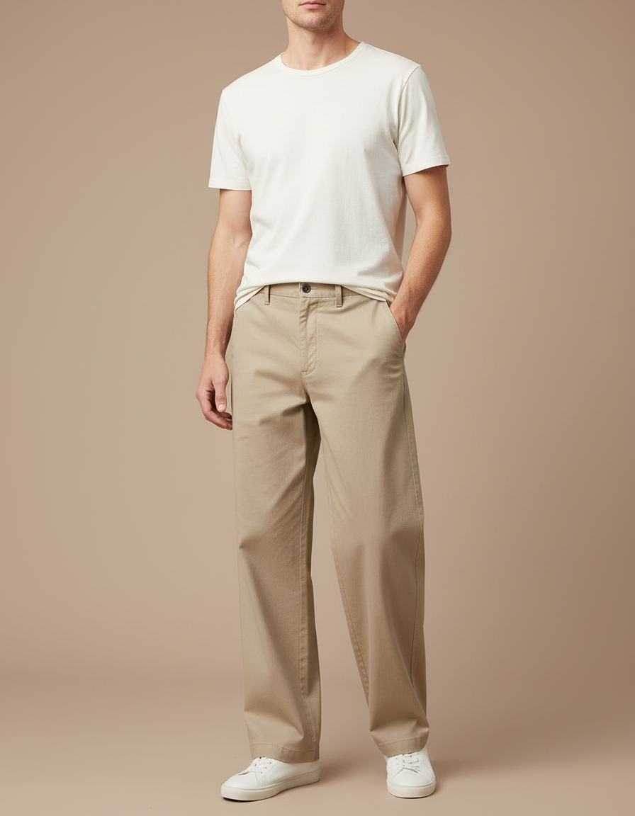 Pantalon Fluide Beige Large Confortable Décontracté Coton Homme