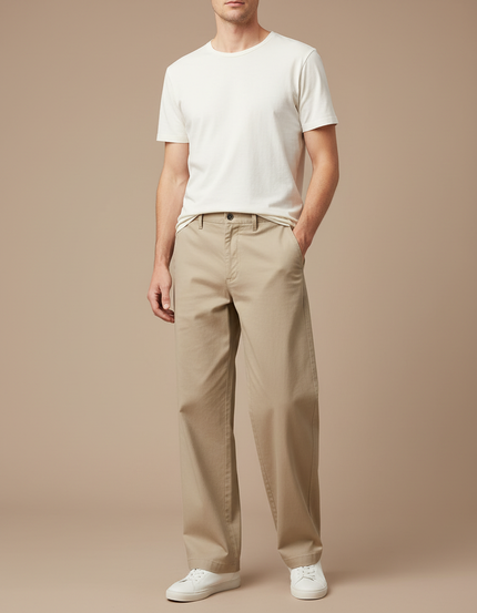Pantalon Fluide Beige Large Confortable Décontracté Coton Homme