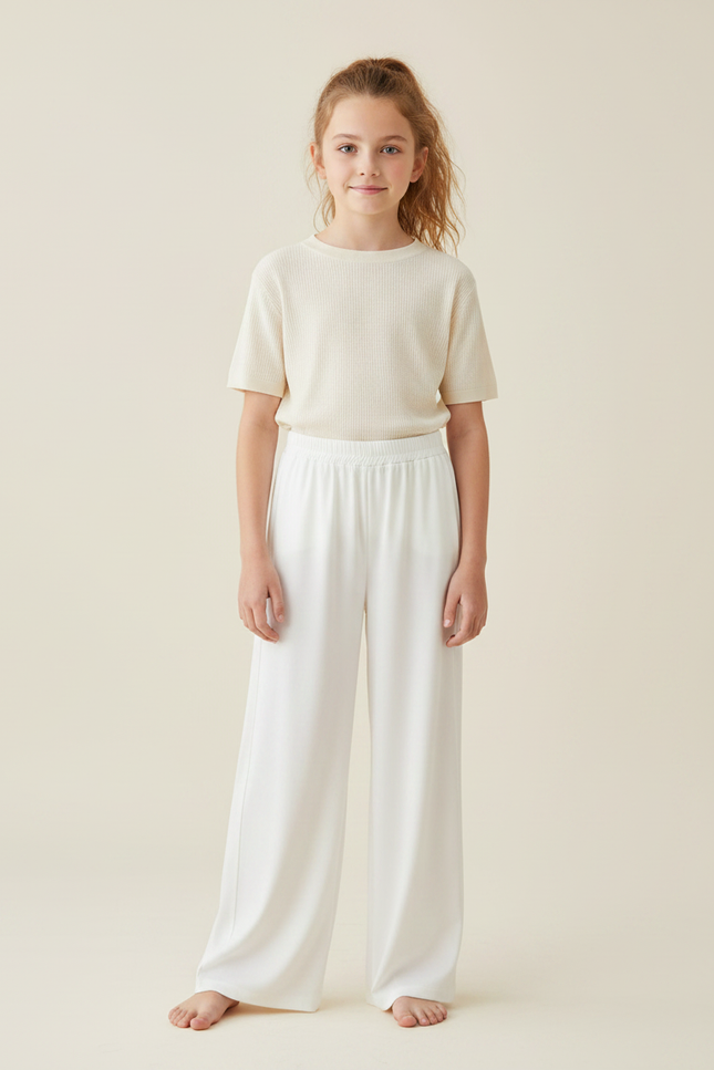 Pantalon Fluide Blanc Ample Confortable Décontracté Fille - Viscose