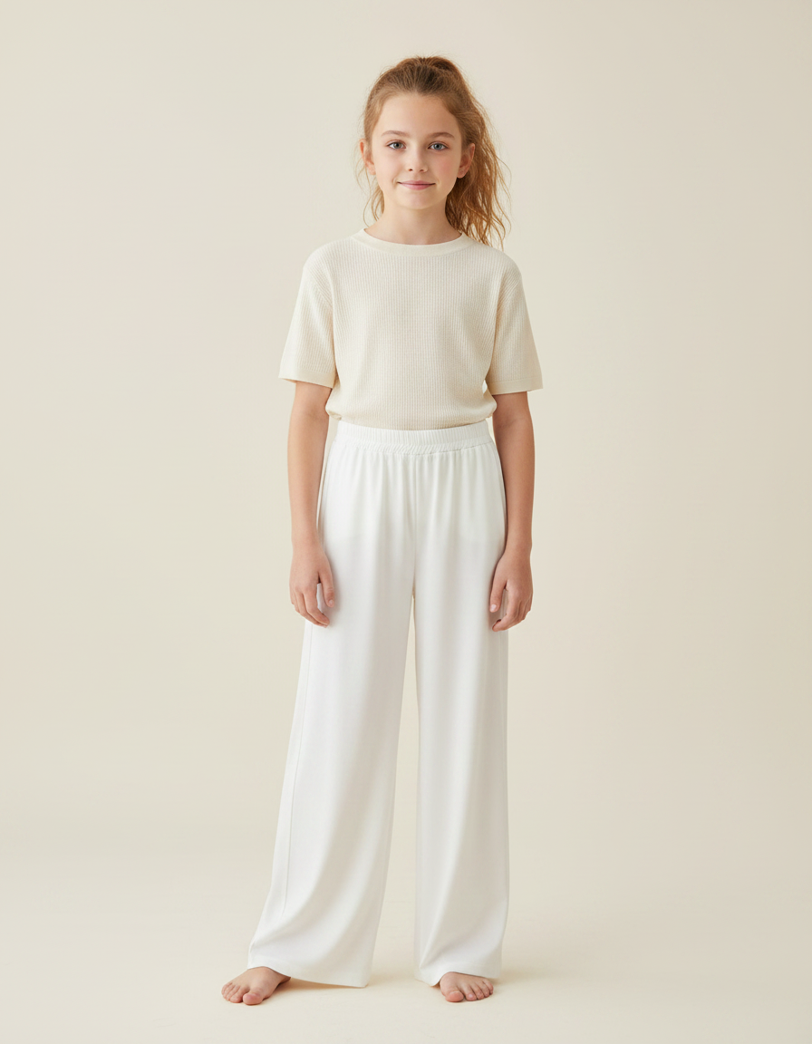 Pantalon Fluide Blanc Ample Confortable Décontracté Fille - Viscose