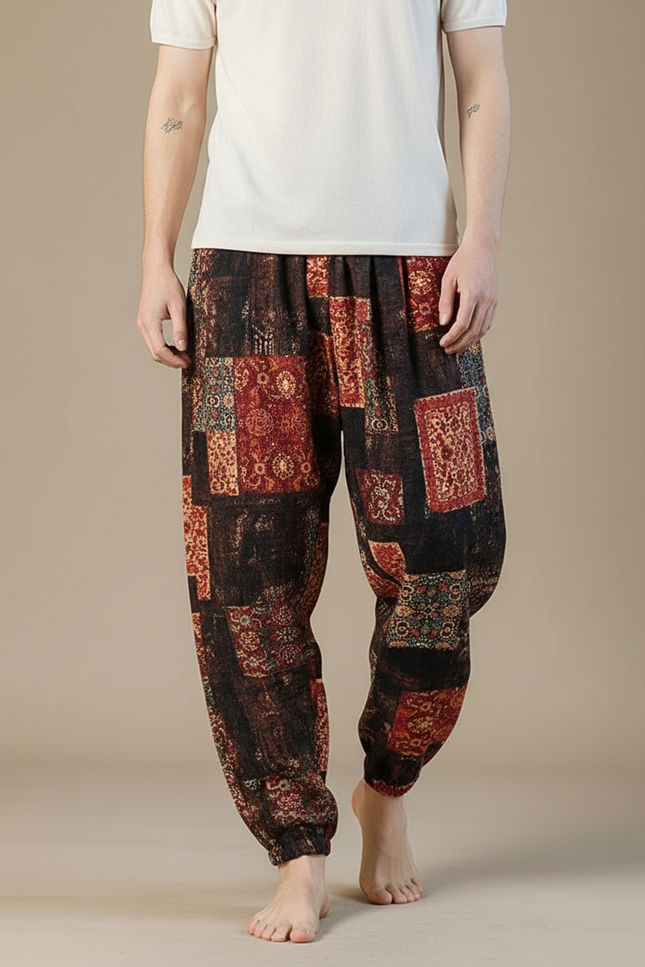 Pantalon Fluide Harem Imprimé Ethnique Ample Coton Lin