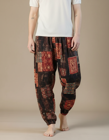 Pantalon Fluide Harem Imprimé Ethnique Ample Coton Lin