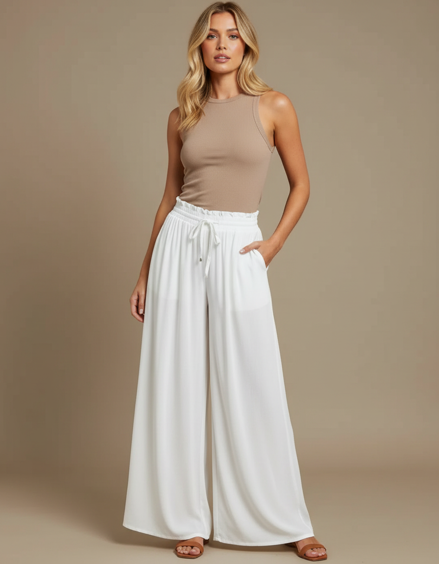 Pantalon En Crepe Fluide - Blanc Viscose